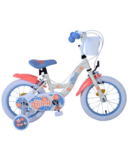 Disney Stitch Kinderfiets - Meisjes - 14 inch - Crème Koraal Blauw - Twee handremmen