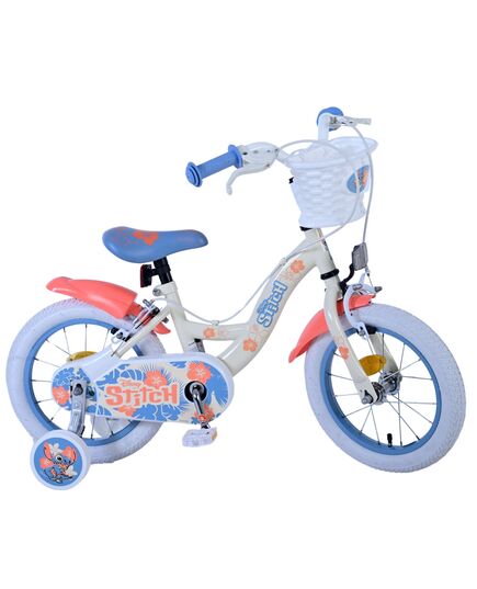 Disney Stitch Kinderfiets - Meisjes - 14 inch - Crème Koraal Blauw - Twee handremmen