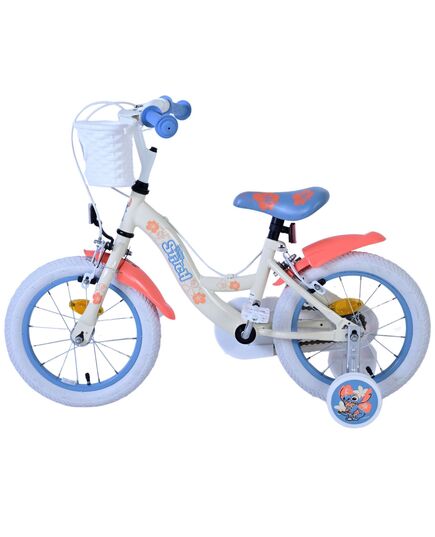 Disney Stitch Kinderfiets - Meisjes - 14 inch - Crème Koraal Blauw - Twee handremmen