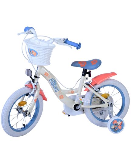 Disney Stitch Kinderfiets - Meisjes - 14 inch - Crème Koraal Blauw - Twee handremmen