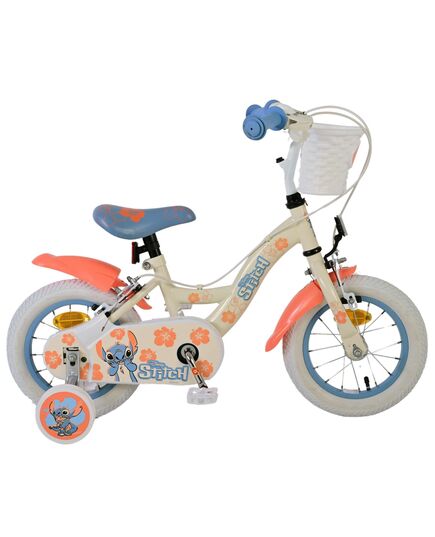 Disney Stitch Kinderfiets - Meisjes - 12 inch - Twee handremmen - Crème Koraal Blauw